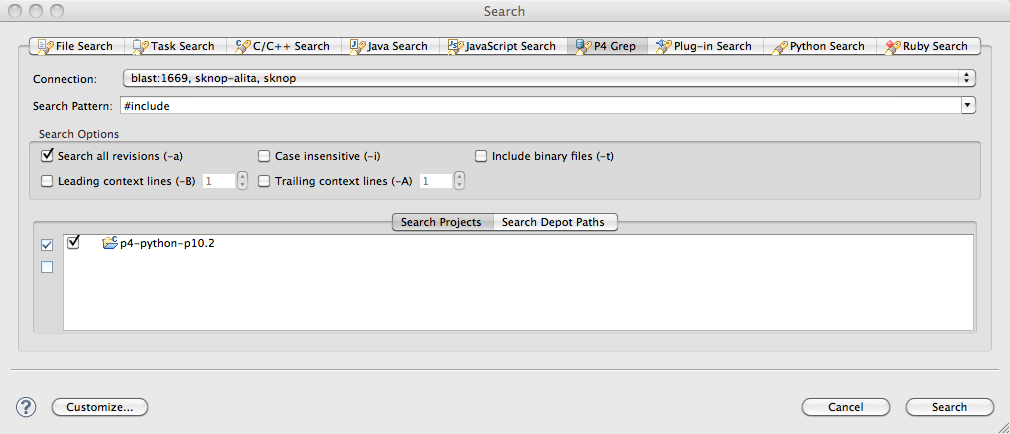 P4 Grep - Search Dialogue in Eclipse