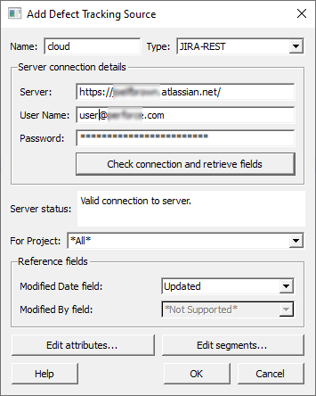 Image of the Add the defect tracking source dialog