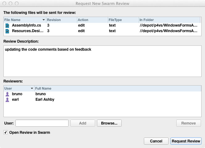 Request New Swarm Review Dialog from Submitted Changelist