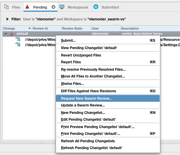Request New Swarm Review Context Menu on Pending Changelist