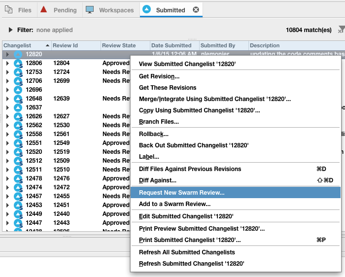 Request New Swarm Review Context Menu on Submitted Changelist