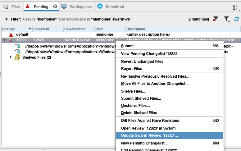 Update Swarm Review Context Menu from Pending Changelist