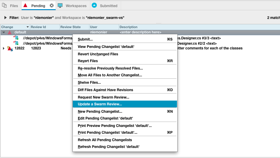 Update Swarm Review without Review ID Context Menu from Pending Changelist