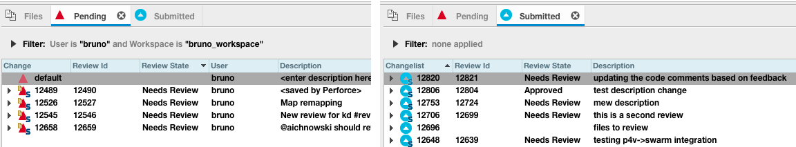 Pending and Submitted Changelist Tabs showing the Review Id and Review State Columns