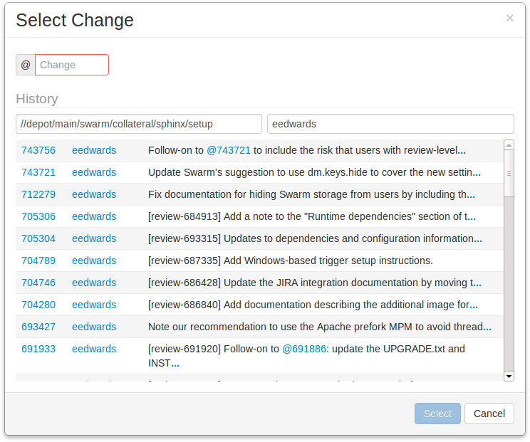 The Select Change dialog