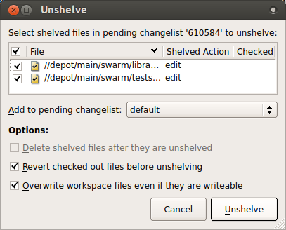 P4V "Unshelve" dialog