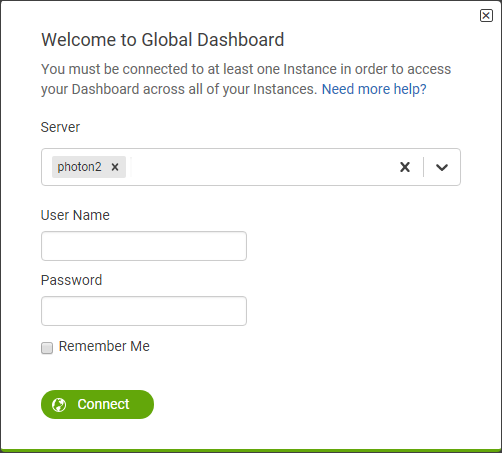 Image of the global dashboard log in dialog