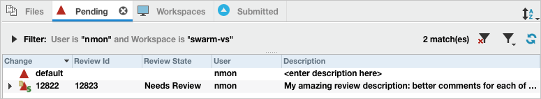 Pending Changelist Showing Swarm Review ID and Review State