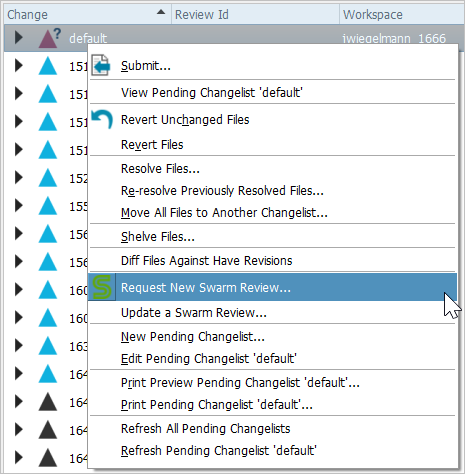 Request New Swarm Review Context Menu on Pending Changelist