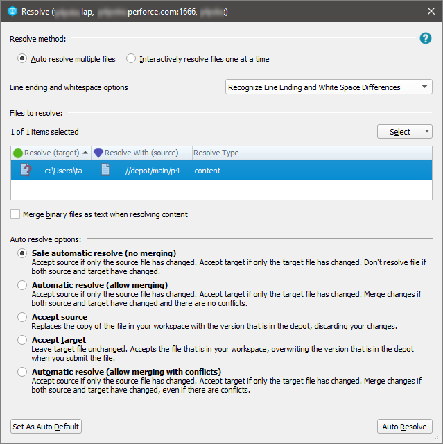 Resolve dialog with Auto Resolve option selected