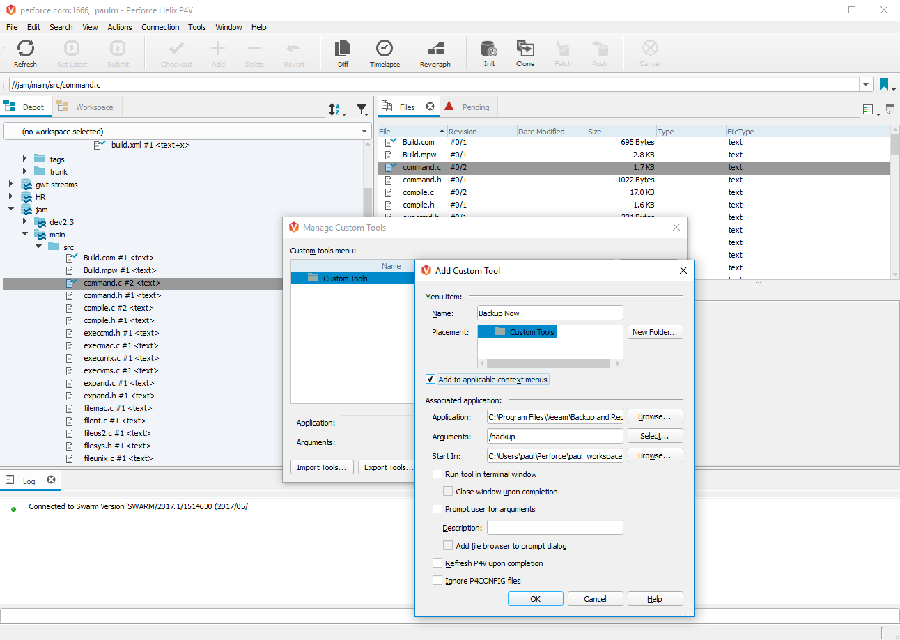 Customize workflows, screenshot in P4V.