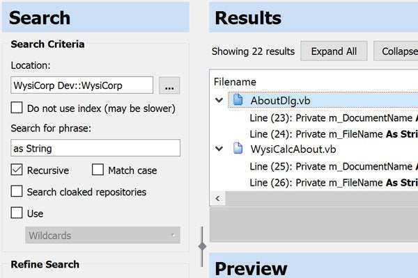 Perforce Surround SCM text search screenshot.