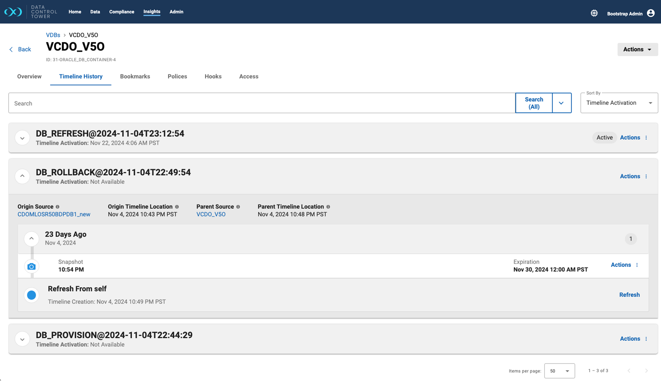 A screenshot from the Perforce Delphix Data Control Tower showing Timeline History