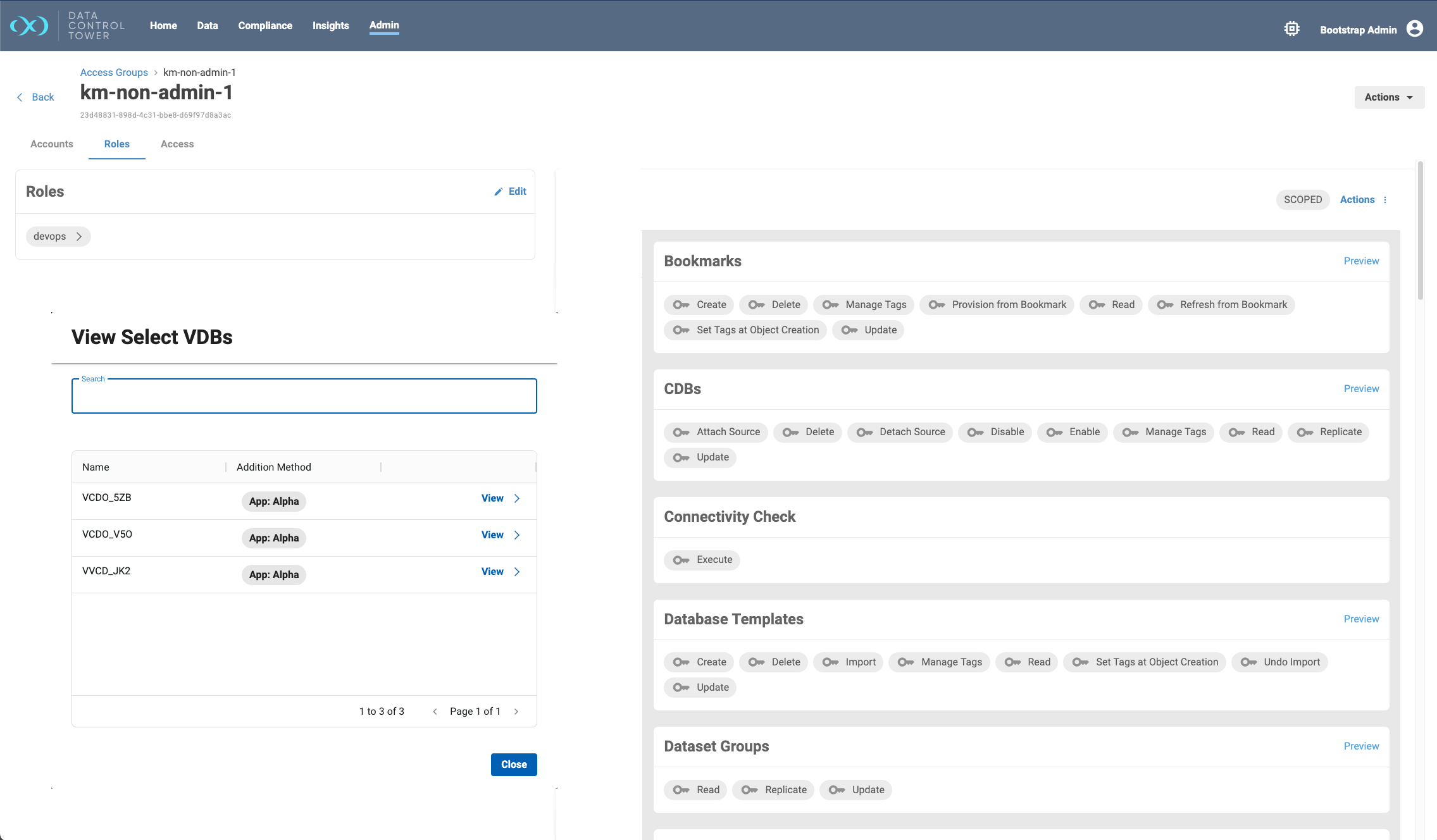 A screenshot from the Perforce Delphix Data Control Tower showing the Admin tab