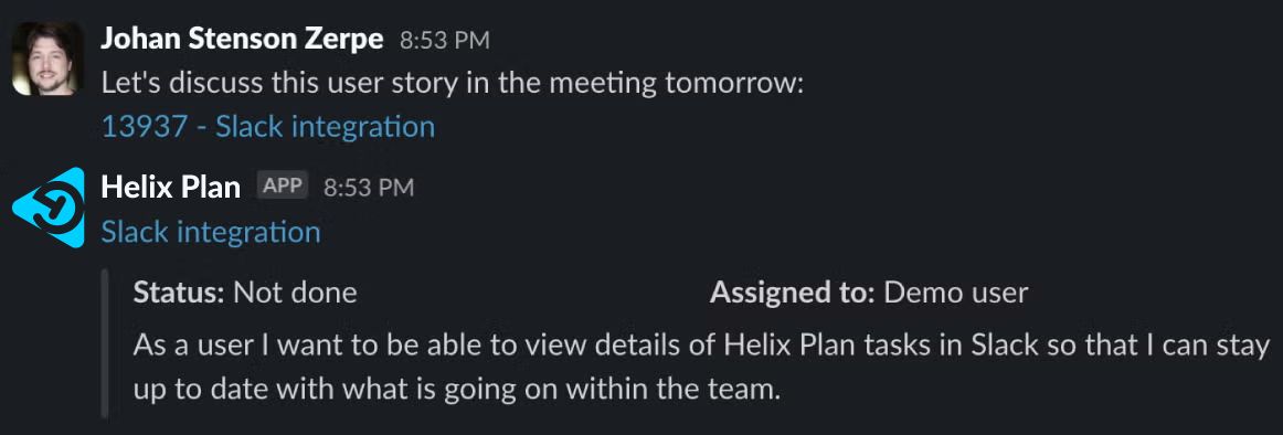 Screenshot of Slack and Perforce Helix Plan integration.