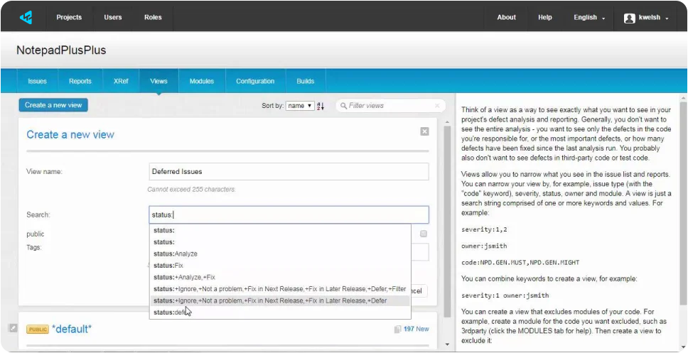 A Perforce Klocwork screenshot showing a screen to Create a New View