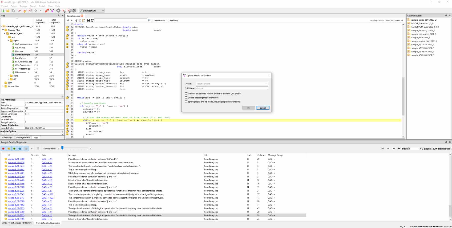 Screenshot from Perforce Helix QAC Analysis Results