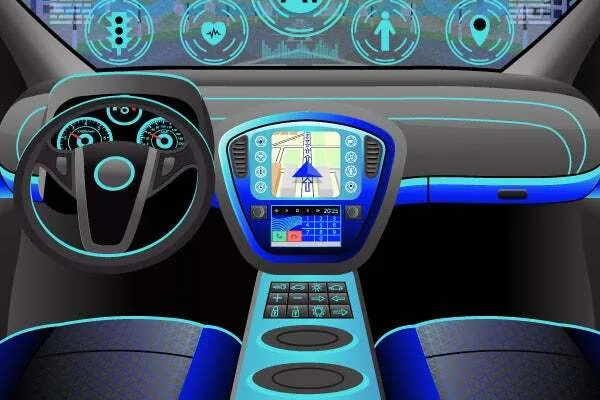 Digital image of the interior of an electric vehicle displaying the controls.