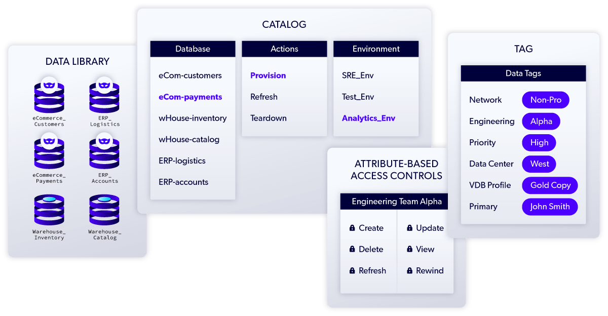 Data library with catalog, attribute-based access controls, and tag datasets.