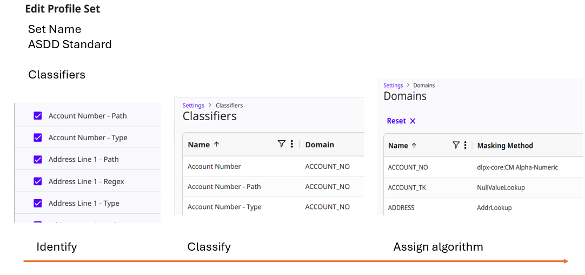 Screenshot of Delphix: Classifiers and Domains. Illustrates process of identifying sensitive data, classifying it, and assigning an algorithm.