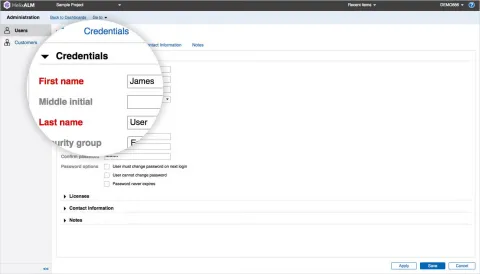 Adding a user to Helix ALM. Complete the user's credentials.