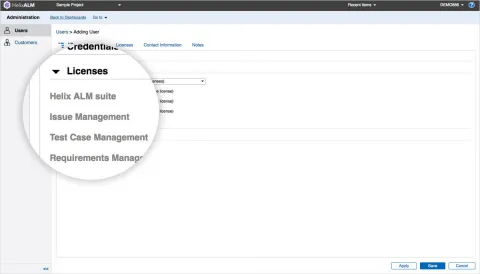 Adding a user to Helix ALM. Under licenses, you can assign the corresponding license.