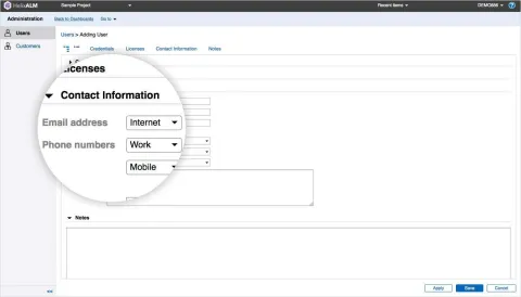 Adding a user to Helix ALM. You can also add contact information and any notes about the user.