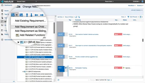 Helix ALM adding a requirement screenshot.