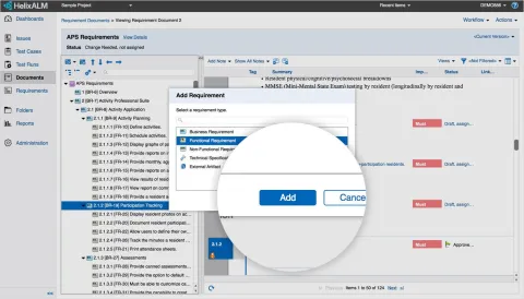 Helix ALM adding a requirement screenshot.