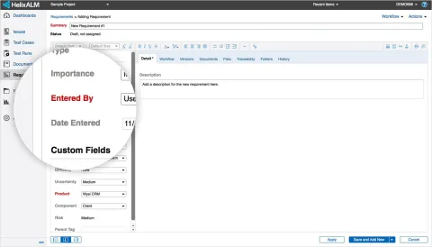 Helix ALM adding a requirement screenshot.