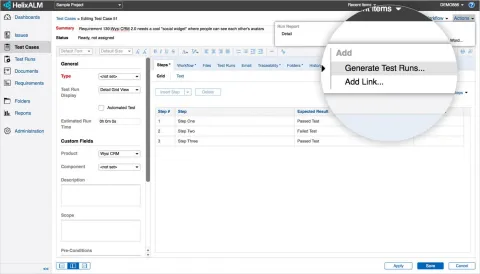 Helix ALM adding a test case screenshot.