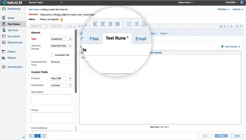 Helix ALM adding a test case screenshot.