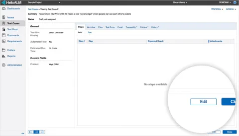 Helix ALM adding a test case screenshot.