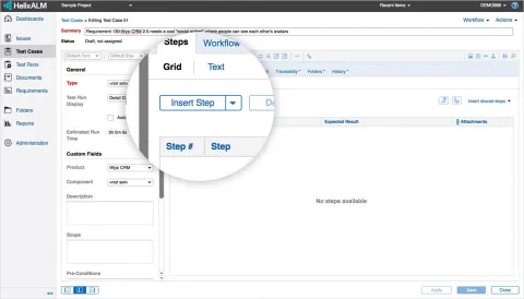 Helix ALM adding a test case screenshot.