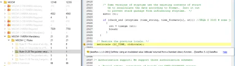 Code analysis screenshot showing a MISRA Rule 21.20 warning for using an invalidated oldlocale pointer in setlocale.