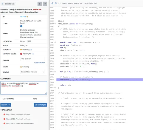 Helix QAC warning for invalid use of oldlocale pointer in setlocale; flagged as MISRA issue in http.c line 2932.